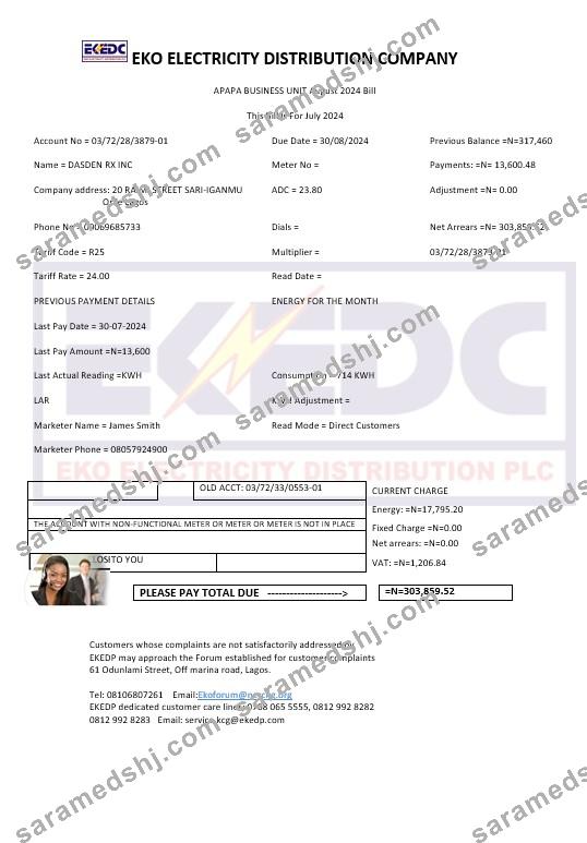 Nigeria Eko Electricity Distribution Company (EKEDC) business utility bill template in Word and PDF formats